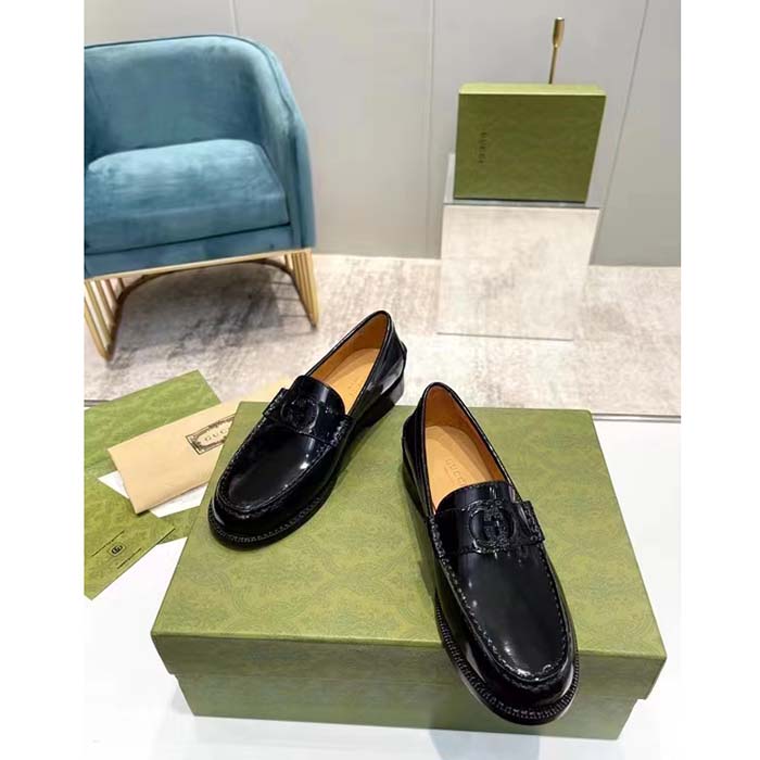 Gucci Unisex GG Interlocking G Loafer Black Leather Sole Flat 1.5 CM Heel
