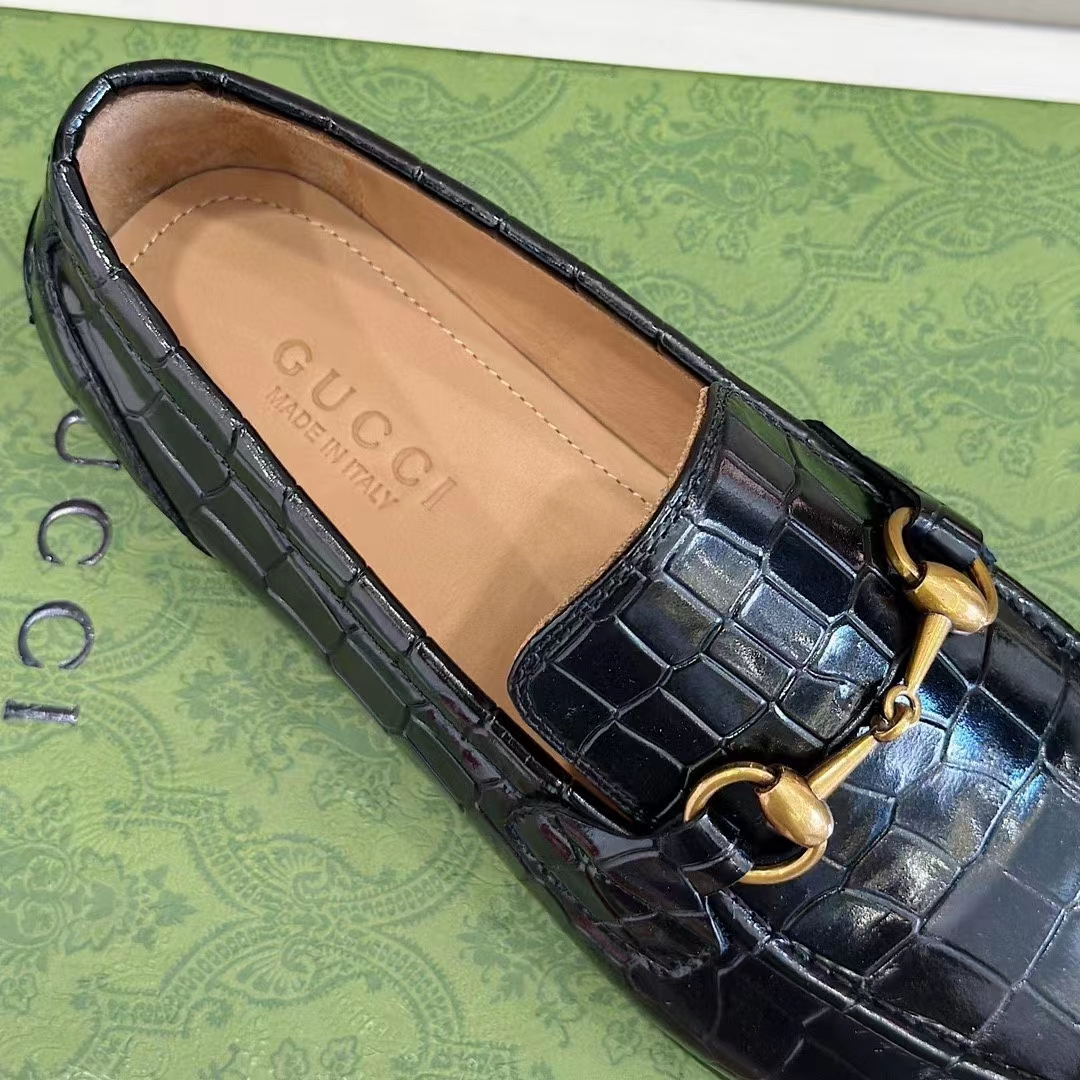 Gucci Unisex GG Jordaan Crocodile Loafer Blake Construction Black Horsebit Leather Flat 1 CM Heel