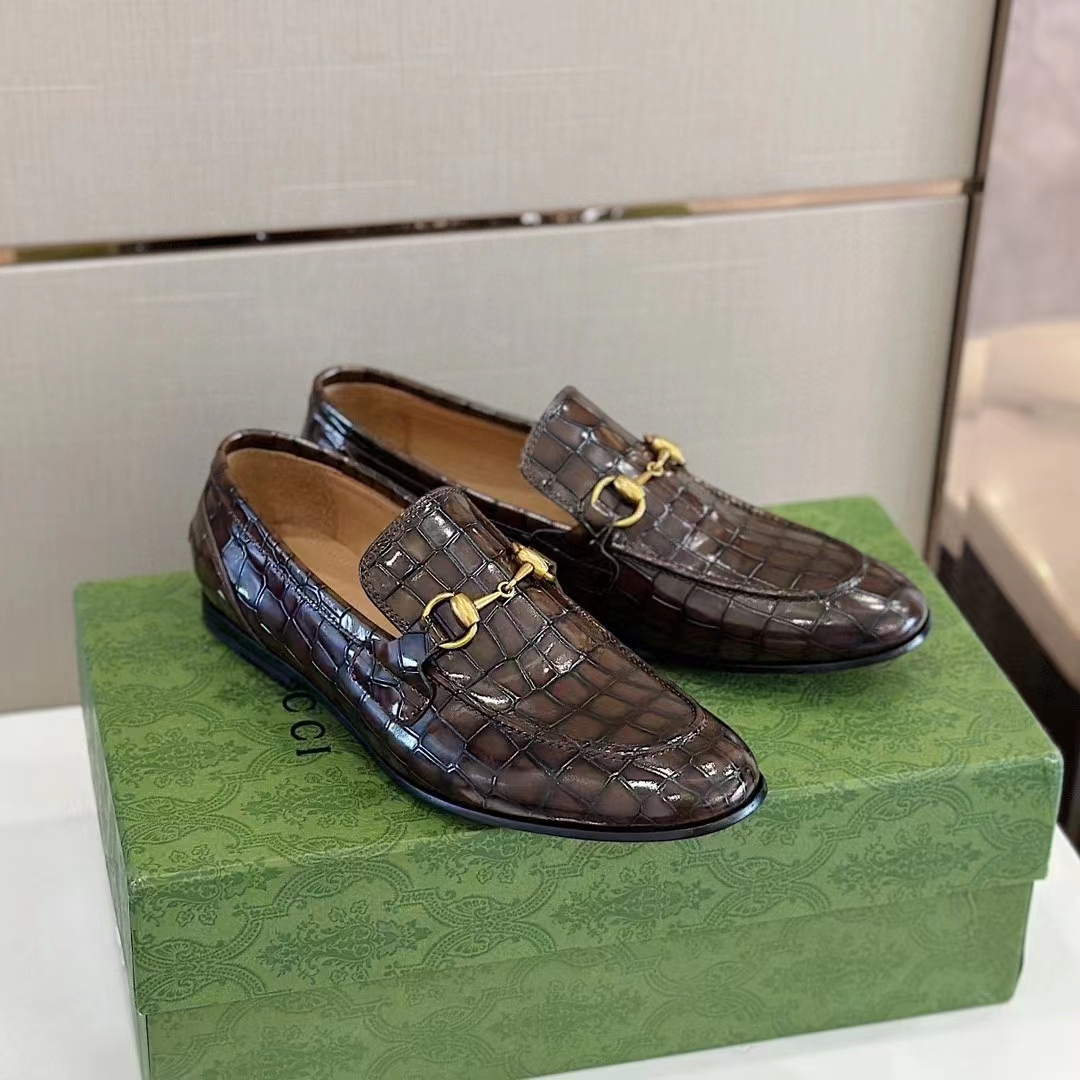 Gucci Unisex GG Jordaan Crocodile Loafer Blake Construction Brown Horsebit Leather Flat 1 CM Heel