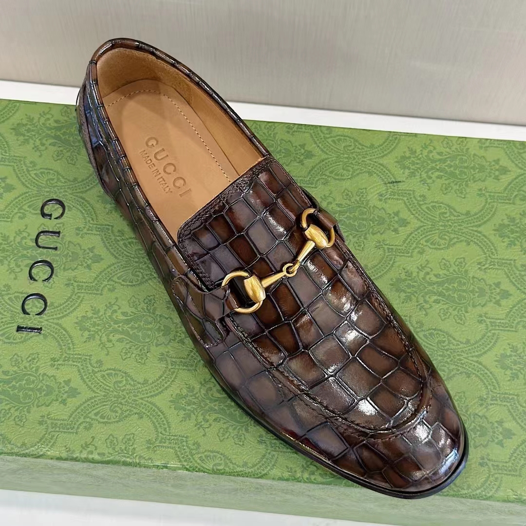 Gucci Unisex GG Jordaan Crocodile Loafer Blake Construction Brown Horsebit Leather Flat 1 CM Heel