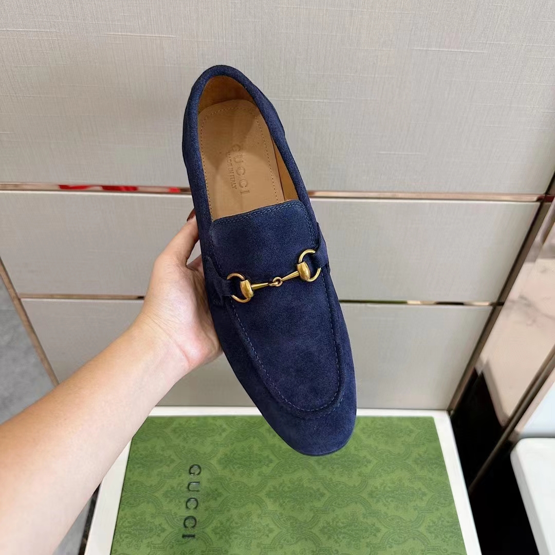 Gucci Unisex GG Jordaan Loafer Deep Blue Suede Horsebit Slim Shape Leather Flat