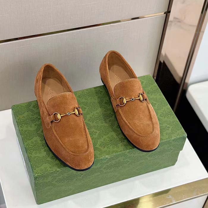 Gucci Unisex GG Jordaan Loafer Light Brown Suede Horsebit Slim Shape Leather Flat