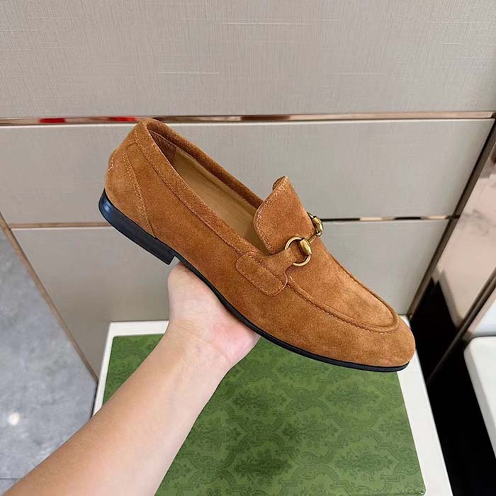 Gucci Unisex GG Jordaan Loafer Light Brown Suede Horsebit Slim Shape Leather Flat