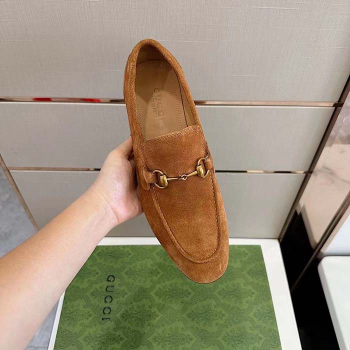 Gucci Unisex GG Jordaan Loafer Light Brown Suede Horsebit Slim Shape Leather Flat