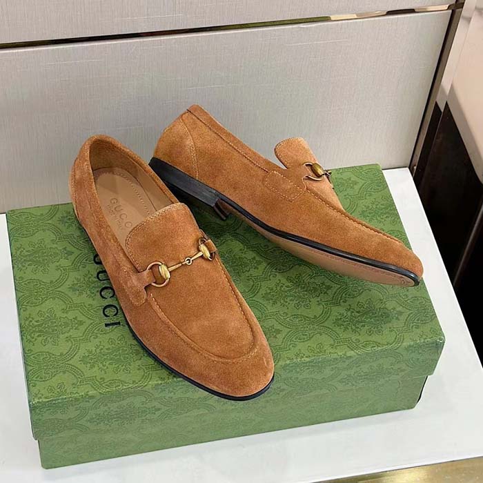 Gucci Unisex GG Jordaan Loafer Light Brown Suede Horsebit Slim Shape Leather Flat