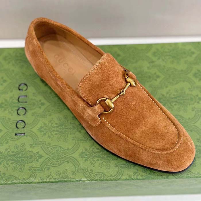 Gucci Unisex GG Jordaan Loafer Light Brown Suede Horsebit Slim Shape Leather Flat