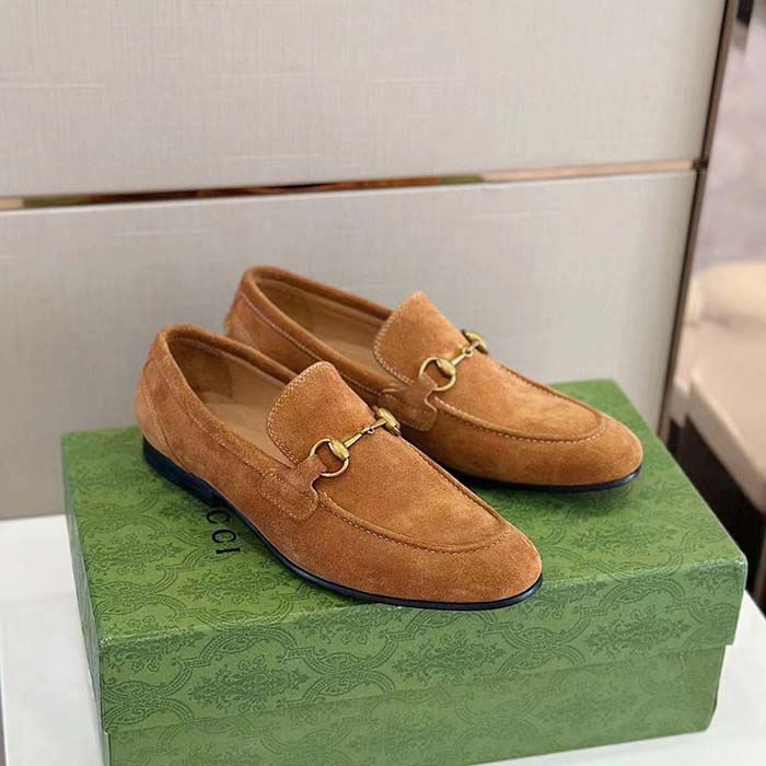 Gucci Unisex GG Jordaan Loafer Light Brown Suede Horsebit Slim Shape Leather Flat