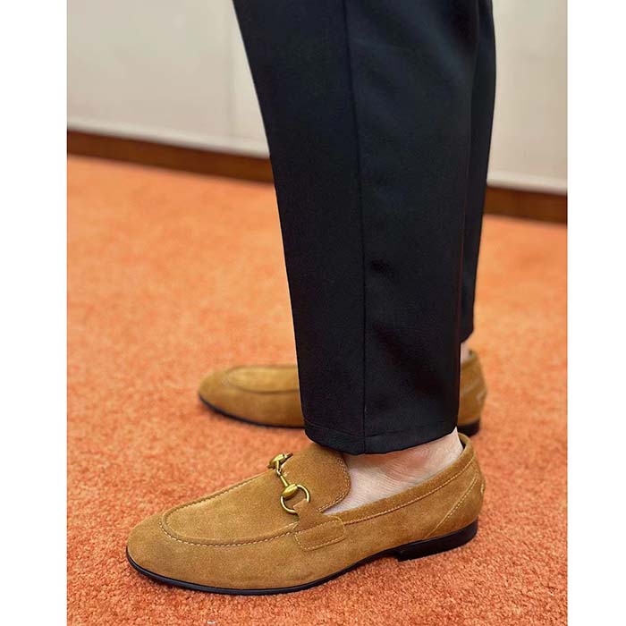 Gucci Unisex GG Jordaan Loafer Light Brown Suede Horsebit Slim Shape Leather Flat