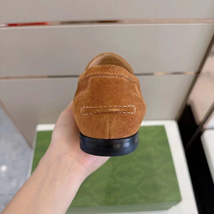 Gucci Unisex GG Jordaan Loafer Light Brown Suede Horsebit Slim Shape Leather Flat