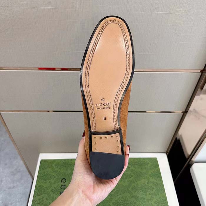 Gucci Unisex GG Jordaan Loafer Light Brown Suede Horsebit Slim Shape Leather Flat
