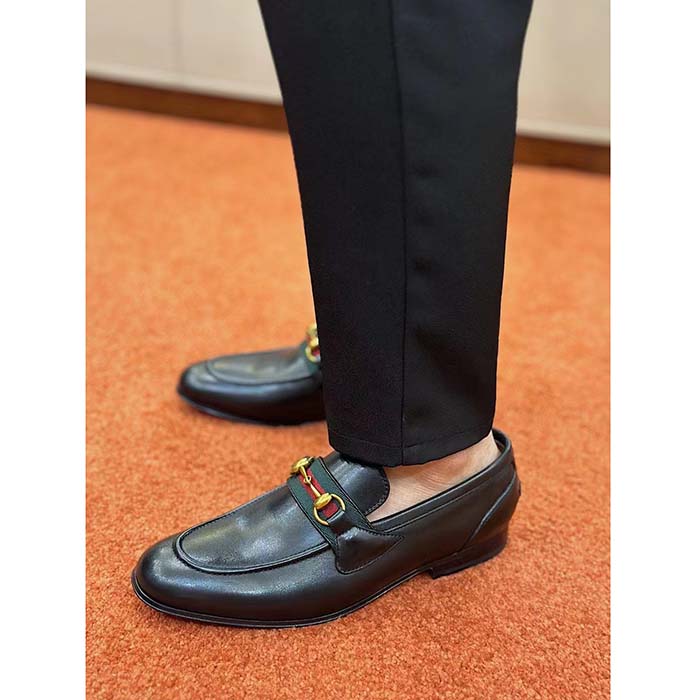 Gucci Unisex GG Loafer Horsebit Soft Black Leather Web Sole Flat 1.5 CM Heel