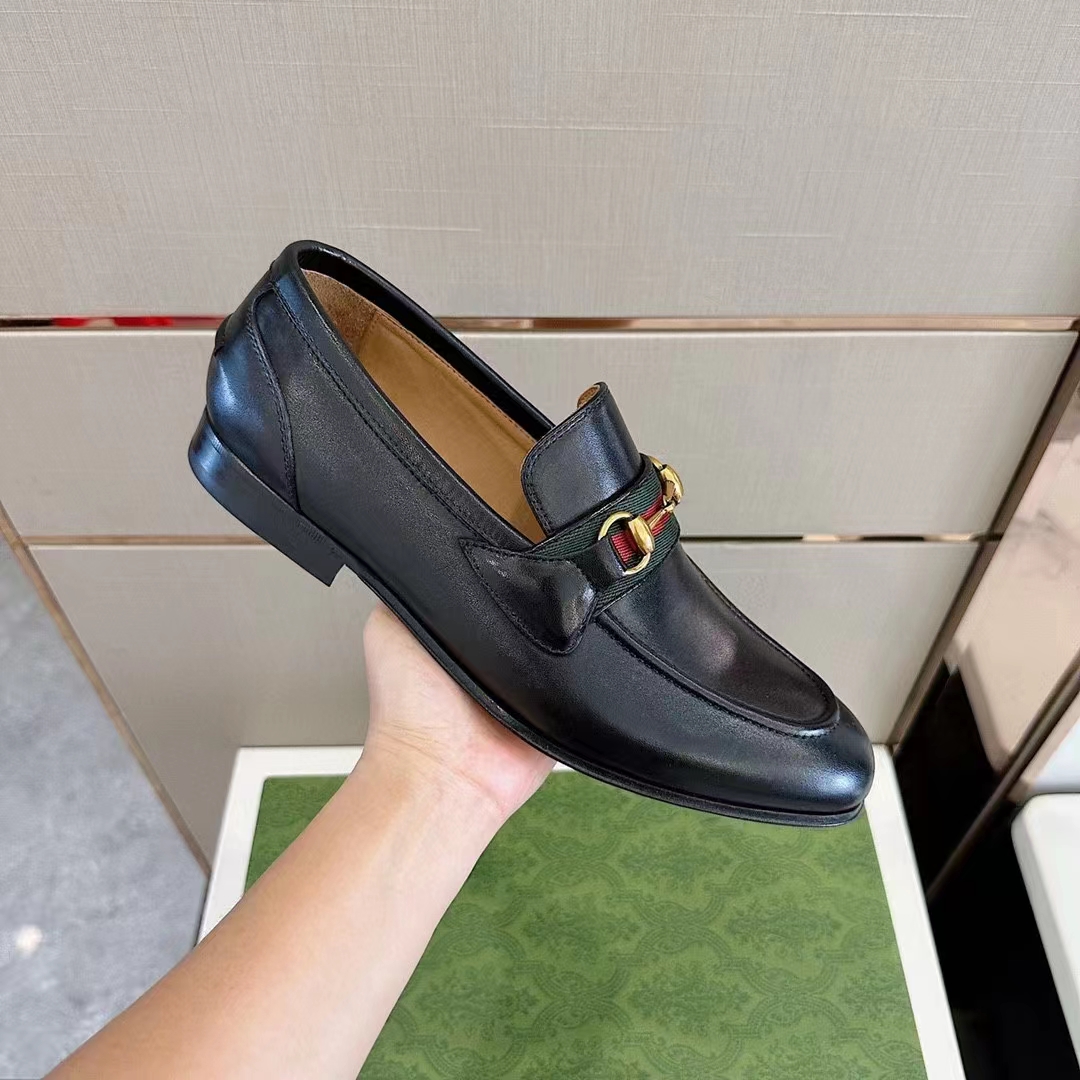Gucci Unisex GG Loafer Horsebit Soft Black Leather Web Sole Flat 1.5 CM Heel