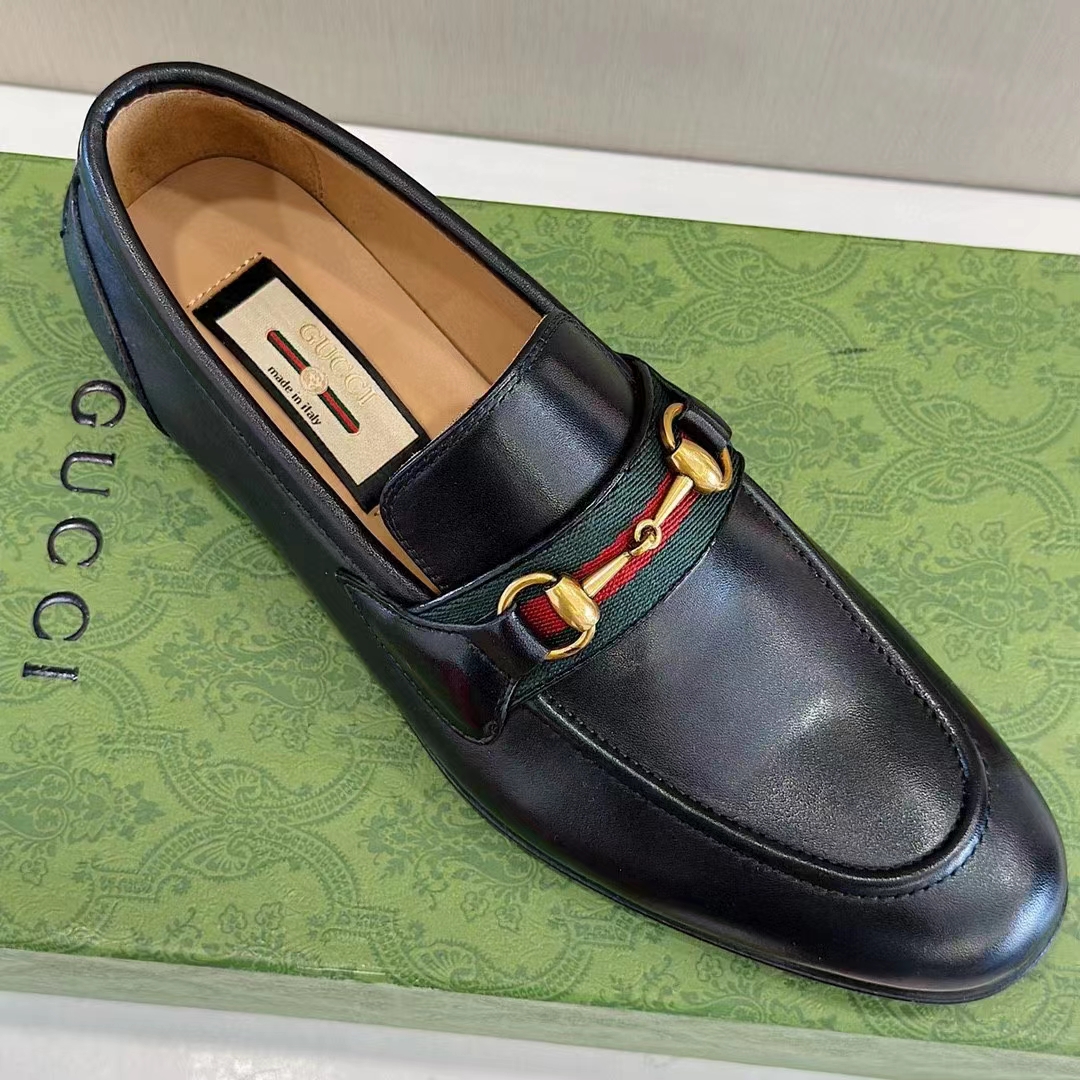 Gucci Unisex GG Loafer Horsebit Soft Black Leather Web Sole Flat 1.5 CM Heel