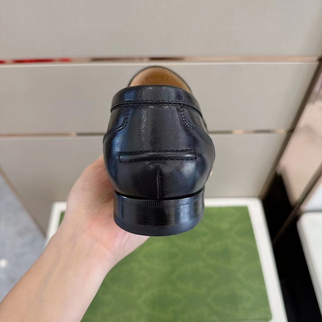 Gucci Unisex GG Loafer Horsebit Soft Black Leather Web Sole Flat 1.5 CM Heel