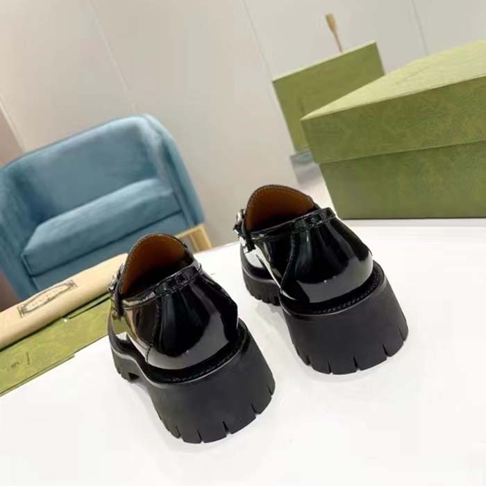 Gucci Unisex GG Loafer Interlocking G Black Leather Rubber Lug Mid 4.3 CM Heel