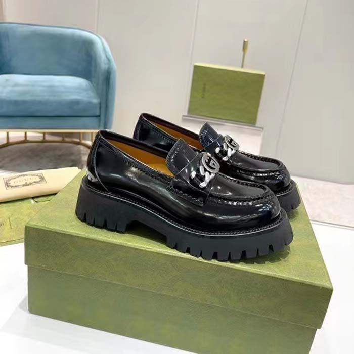 Gucci Unisex GG Loafer Interlocking G Black Leather Rubber Lug Mid 4.3 CM Heel