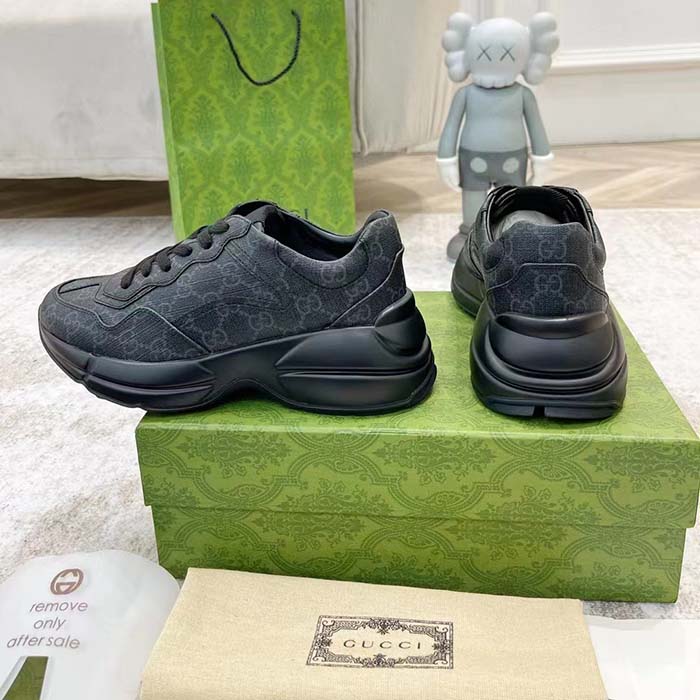 Gucci Unisex GG Rhyton Sneaker Black Supreme Canvas Rubber Lace-Up Mid Heel