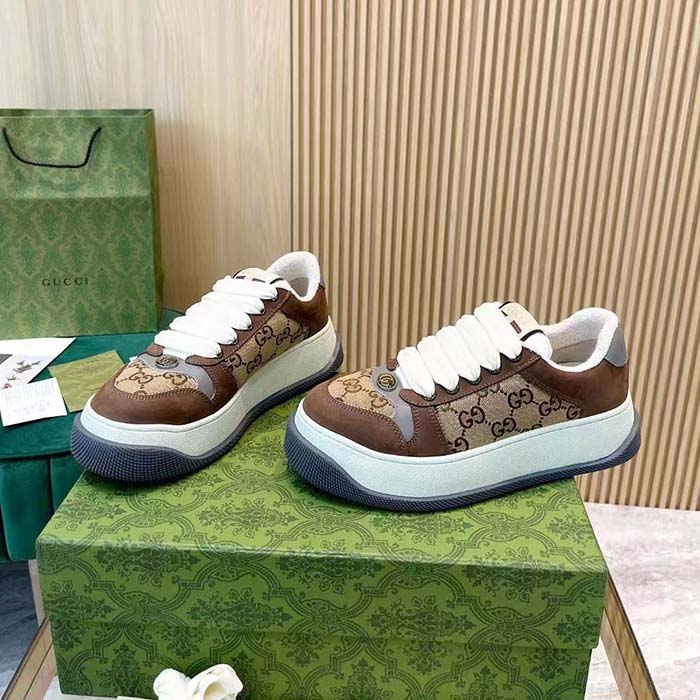 Gucci Unisex GG Screener Sneaker Beige Ebony Original GG Canvas Bi-Color Chunky Laces