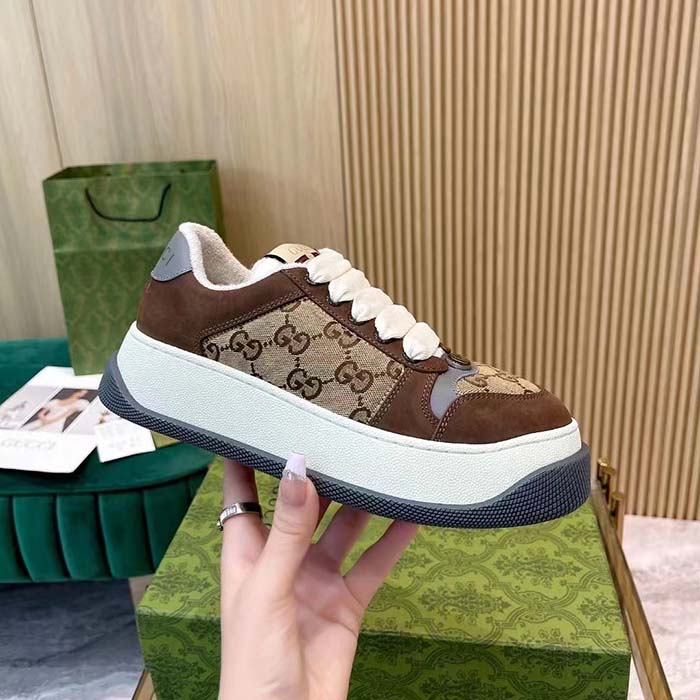 Gucci Unisex GG Screener Sneaker Beige Ebony Original GG Canvas Bi-Color Chunky Laces
