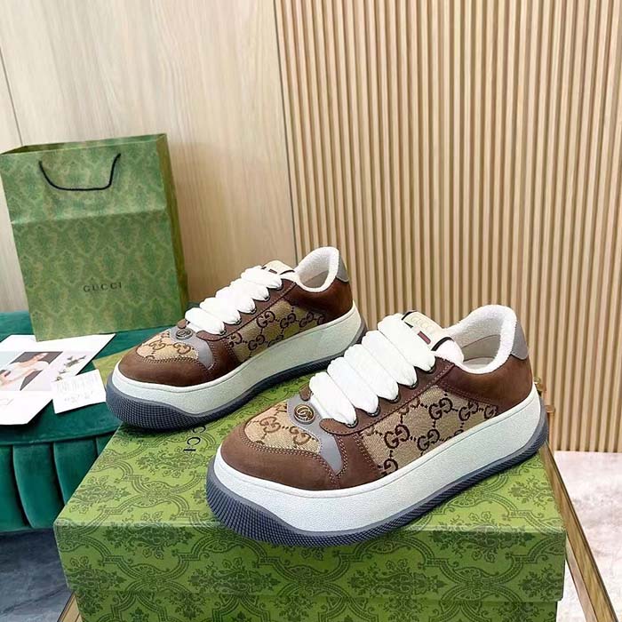 Gucci Unisex GG Screener Sneaker Beige Ebony Original GG Canvas Bi-Color Chunky Laces