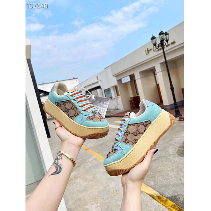Gucci Unisex GG Screener Sneaker Camel Ebony GG Canvas Bi-Color Chunky Laces