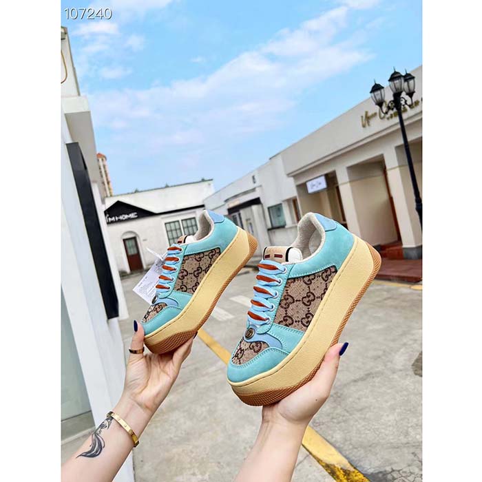 Gucci Unisex GG Screener Sneaker Camel Ebony GG Canvas Bi-Color Chunky Laces