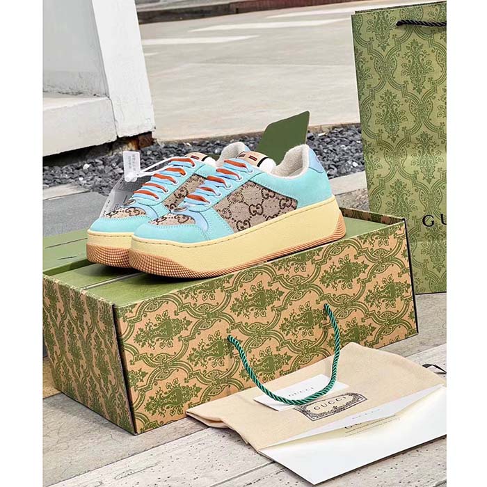 Gucci Unisex GG Screener Sneaker Camel Ebony GG Canvas Bi-Color Chunky Laces
