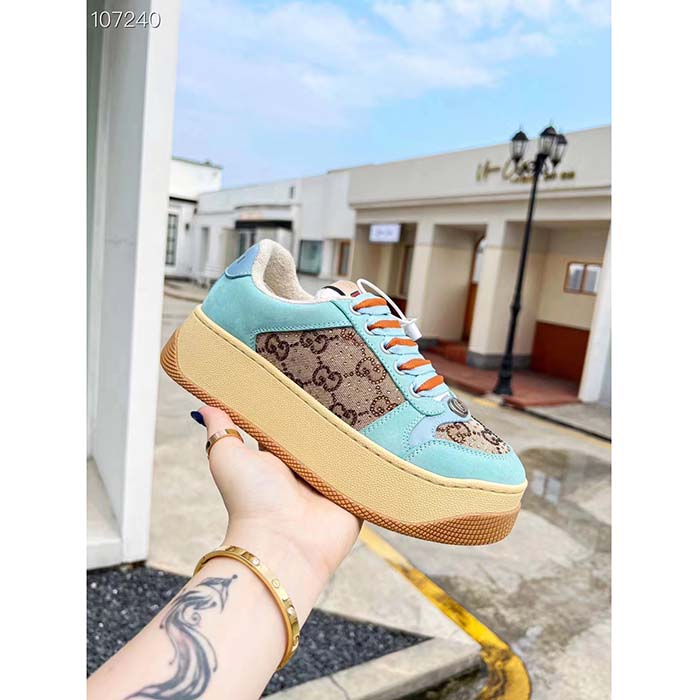 Gucci Unisex GG Screener Sneaker Camel Ebony GG Canvas Bi-Color Chunky Laces