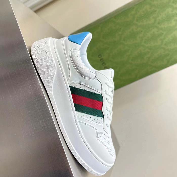 Gucci Unisex GG Sneaker Web White Leather Blue Lace-Up Flat