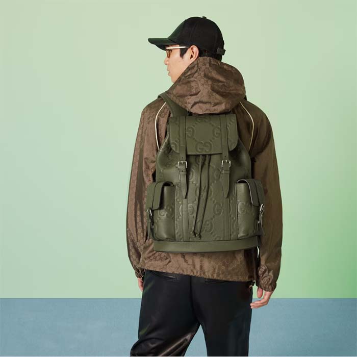 Gucci Unisex Jumbo GG Backpack Dark Green Leather Cotton Linen Top Handle