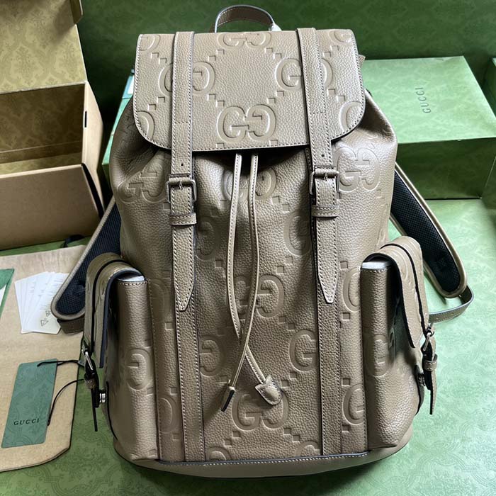 Gucci Unisex Jumbo GG Backpack Dark Green Leather Cotton Linen Top Handle