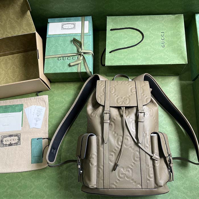 Gucci Unisex Jumbo GG Backpack Dark Green Leather Cotton Linen Top Handle
