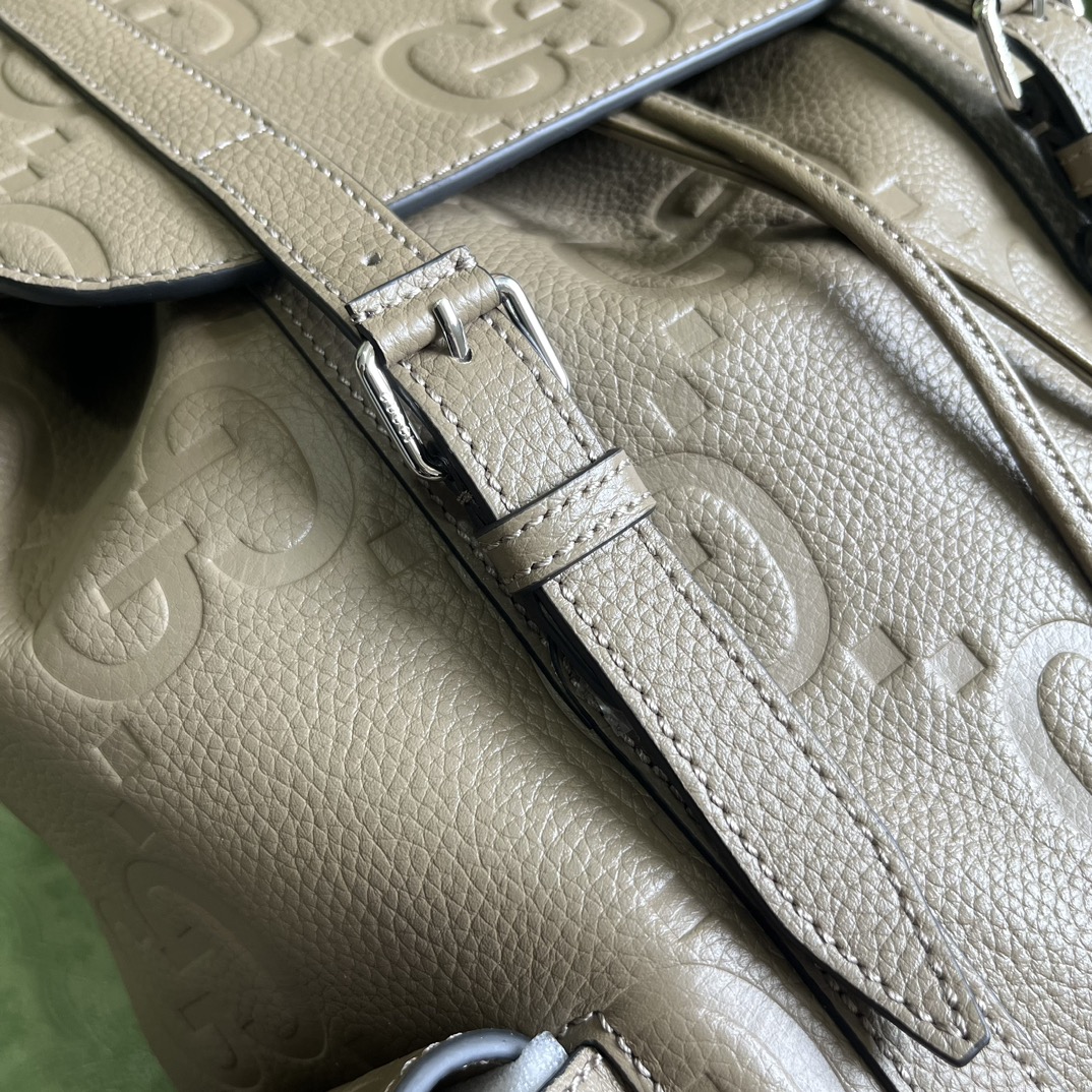 Gucci Unisex Jumbo GG Backpack Dark Green Leather Cotton Linen Top Handle