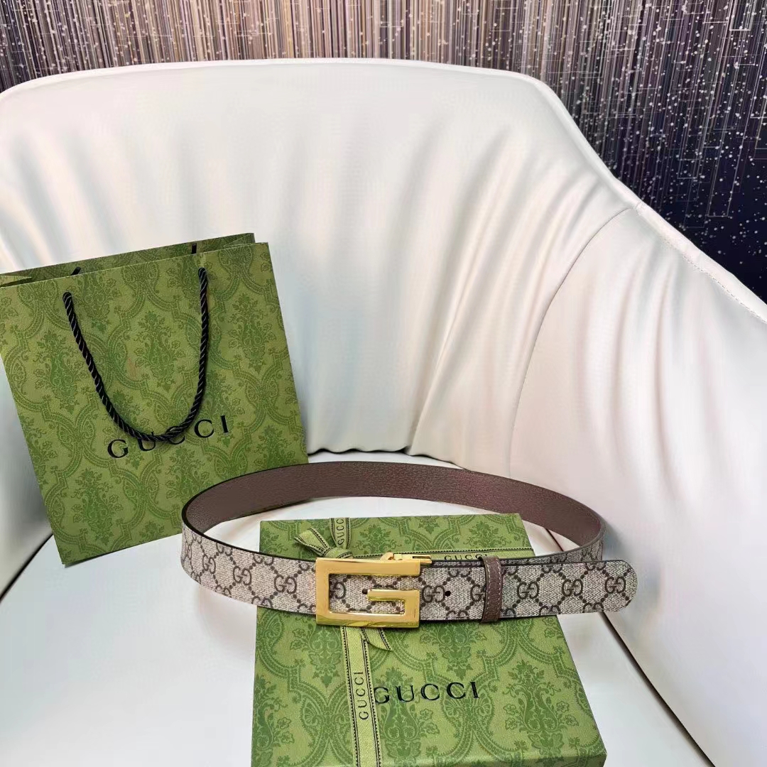 Gucci Unisex Reversible Belt Square G Buckle Beige Ebony GG Supreme Canvas Reverses Brown