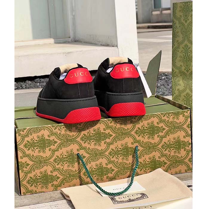 Gucci Unisex Screener GG Sneaker Black Original Canvas Suede Red Leather Low Heel