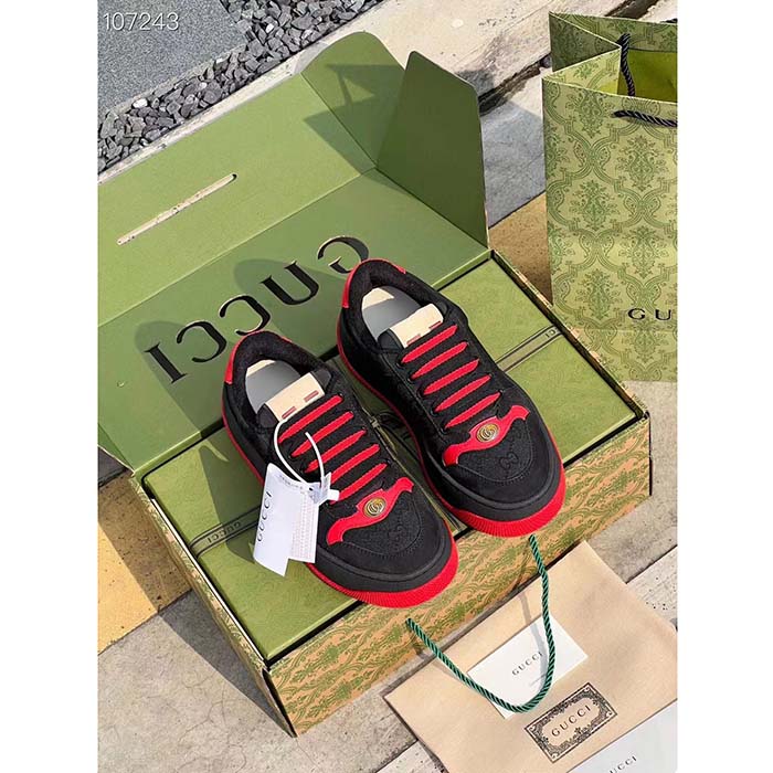 Gucci Unisex Screener GG Sneaker Black Original Canvas Suede Red Leather Low Heel