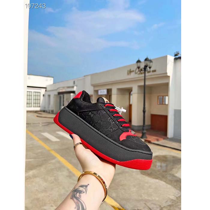 Gucci Unisex Screener GG Sneaker Black Original Canvas Suede Red Leather Low Heel