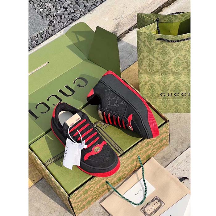 Gucci Unisex Screener GG Sneaker Black Original Canvas Suede Red Leather Low Heel