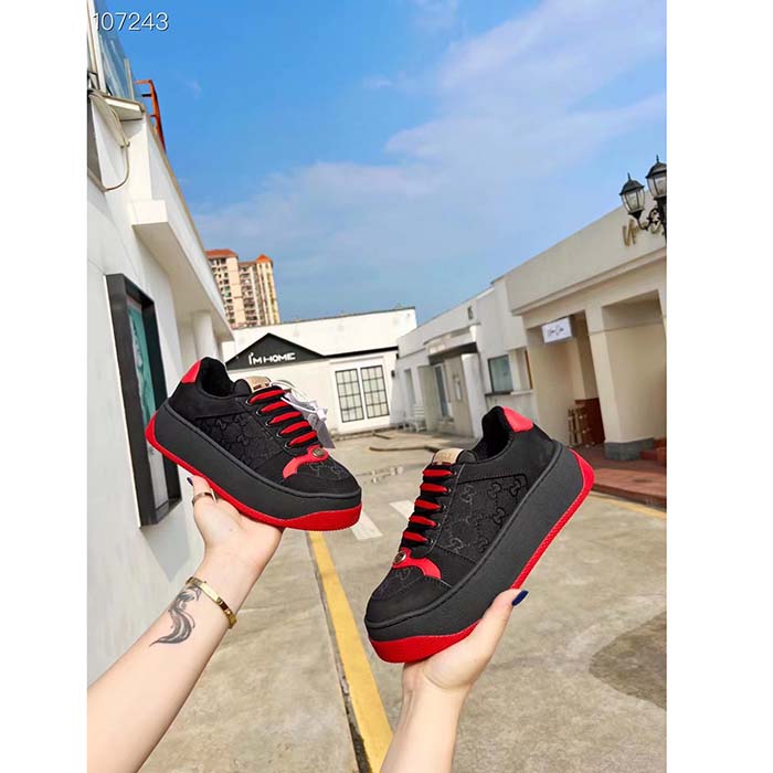 Gucci Unisex Screener GG Sneaker Black Original Canvas Suede Red Leather Low Heel