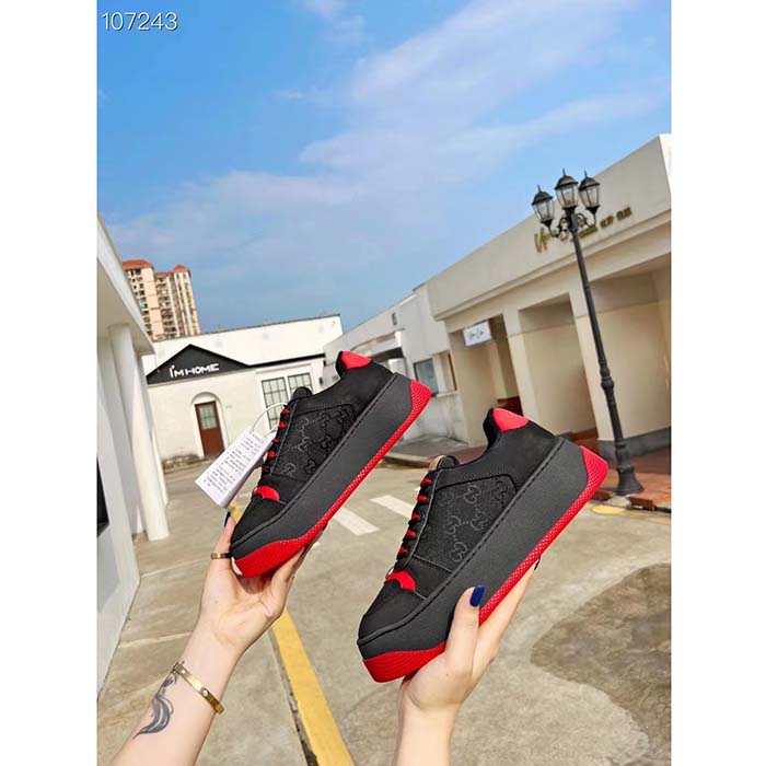 Gucci Unisex Screener GG Sneaker Black Original Canvas Suede Red Leather Low Heel
