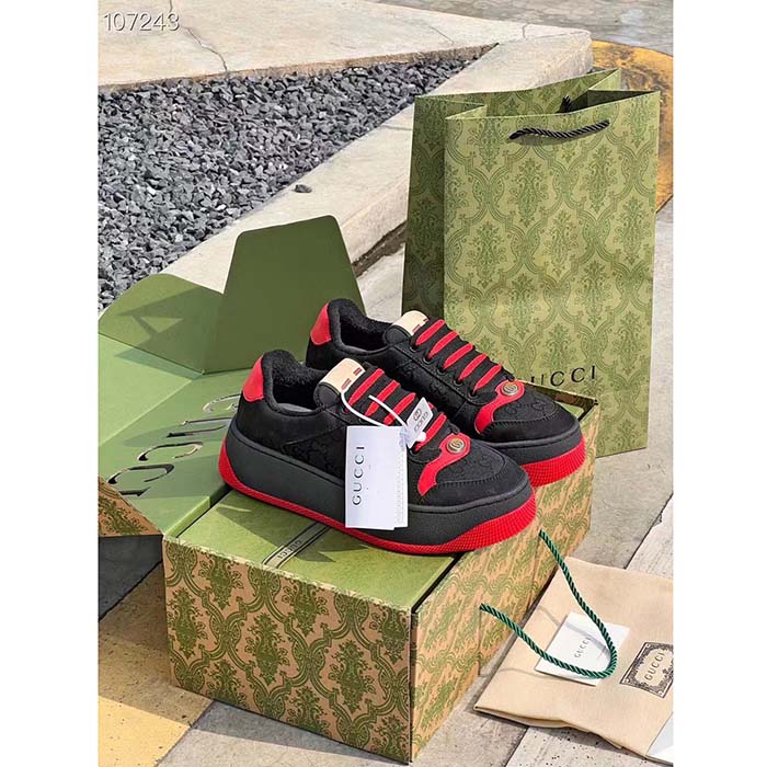 Gucci Unisex Screener GG Sneaker Black Original Canvas Suede Red Leather Low Heel