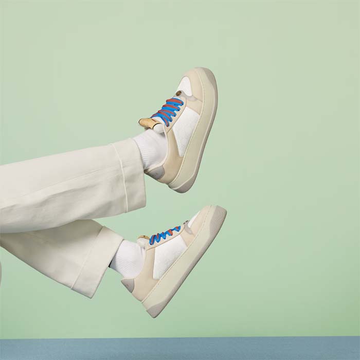 Gucci Unisex Screener GG Sneaker White Original Canvas Beige Suede Leather Low Heel