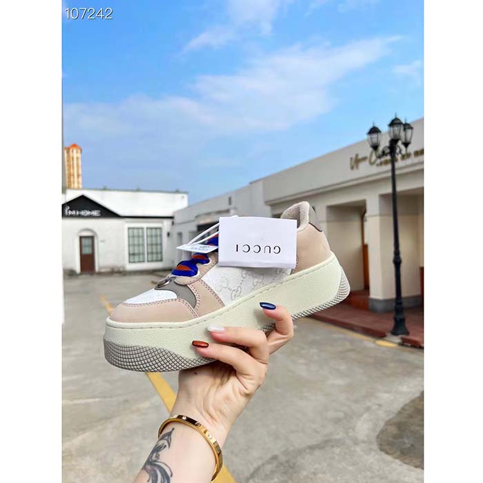 Gucci Unisex Screener GG Sneaker White Original Canvas Beige Suede Leather Low Heel