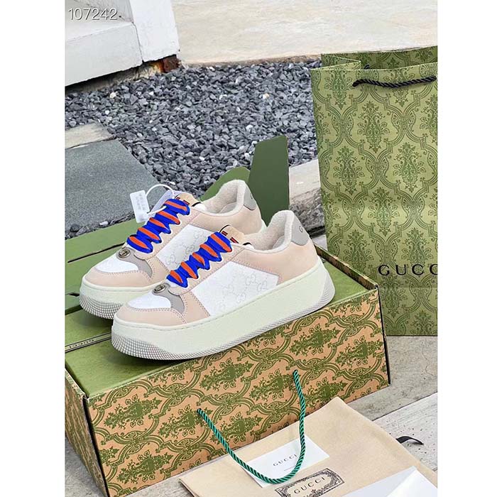 Gucci Unisex Screener GG Sneaker White Original Canvas Beige Suede Leather Low Heel