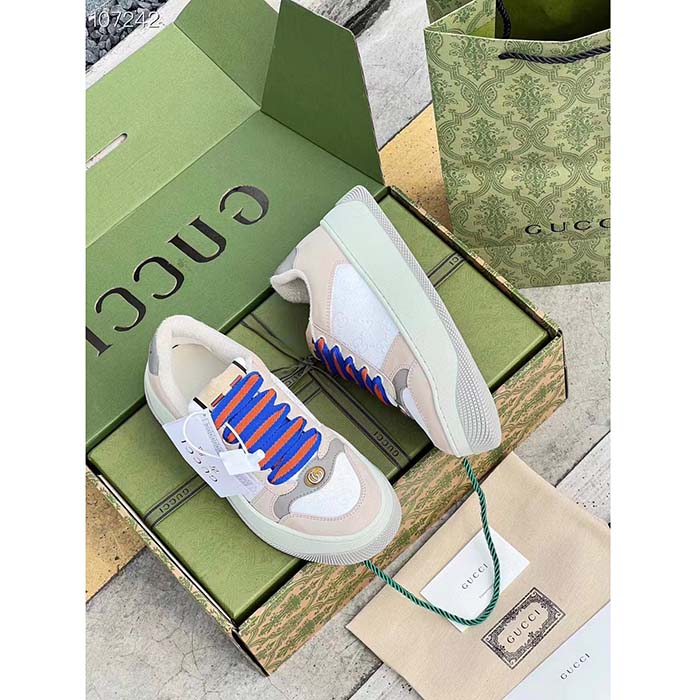 Gucci Unisex Screener GG Sneaker White Original Canvas Beige Suede Leather Low Heel