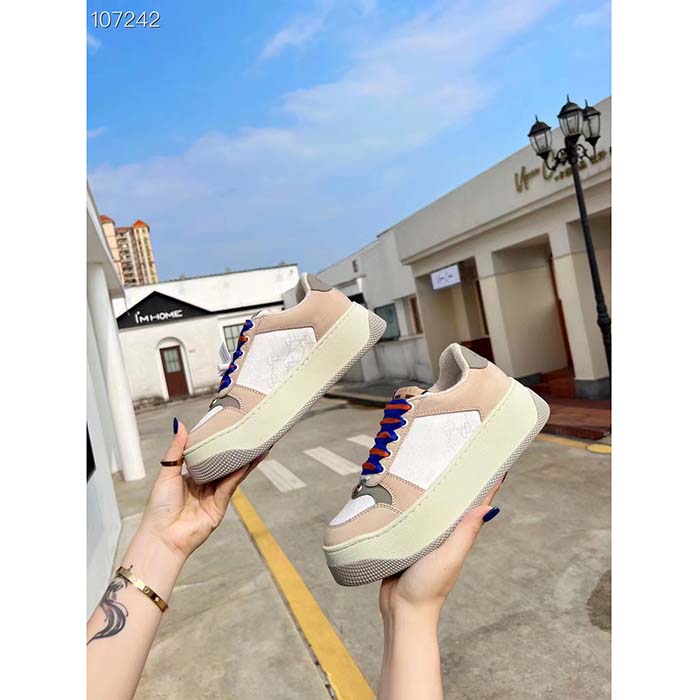Gucci Unisex Screener GG Sneaker White Original Canvas Beige Suede Leather Low Heel