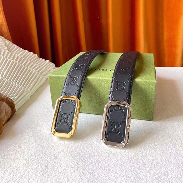 Gucci Unisex Signature Leather Belt Black Leather Rectangular Buckle Trademark 3.8 CM Width