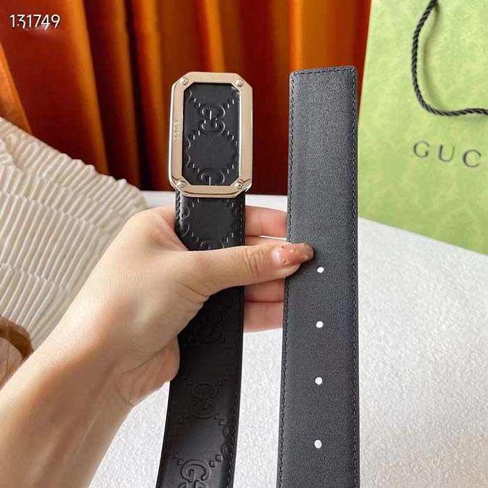 Gucci Unisex Signature Leather Belt Black Leather Rectangular Buckle Trademark 3.8 CM Width