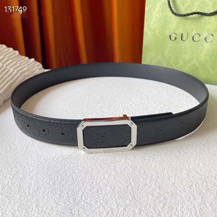 Gucci Unisex Signature Leather Belt Black Leather Rectangular Buckle Trademark 3.8 CM Width