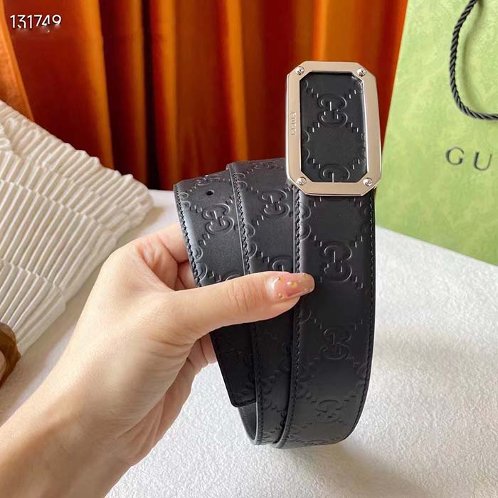 Gucci Unisex Signature Leather Belt Black Leather Rectangular Buckle Trademark 3.8 CM Width